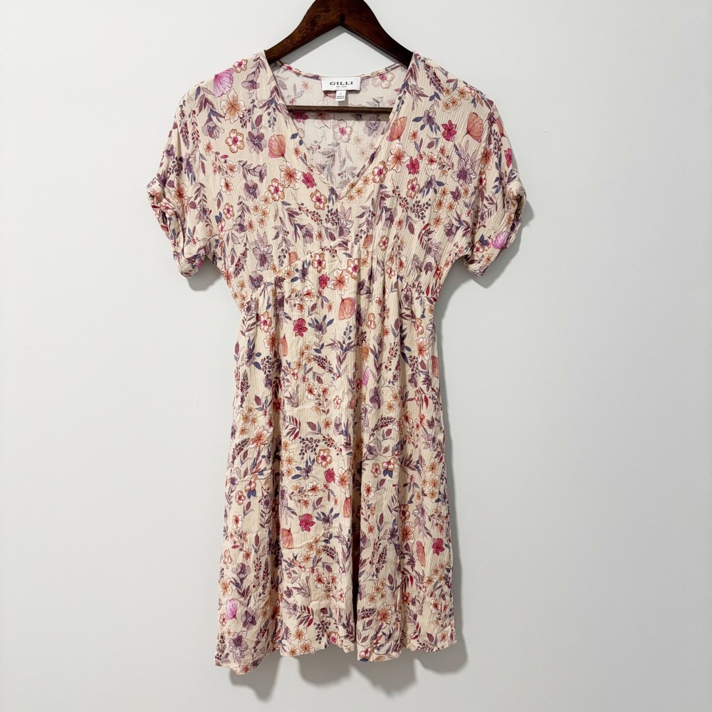 Gilli Floral Mini Dress Women Small Cream V-Neck Babydoll Boho Cottagecore